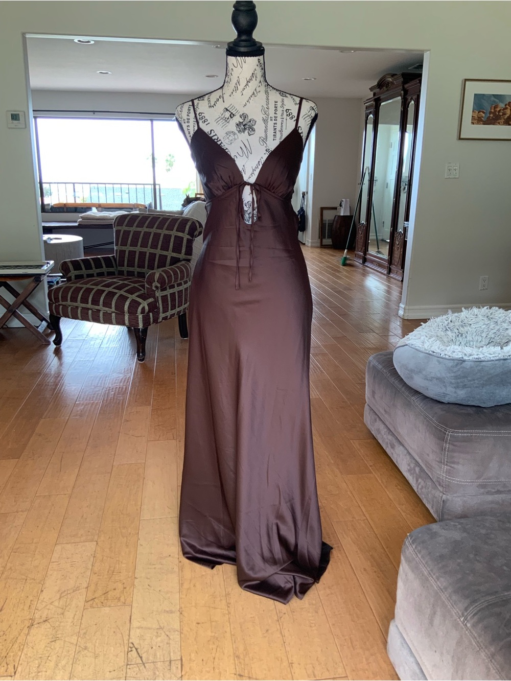 Peppermayo Brown Chocolate Flora Satin Slip Dress with Front Tie